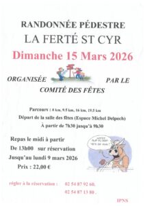Affiche randonnée de la Ferté Saint Cyr le dimanche 15 mars 2026
